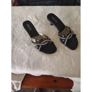 Kenneth Cole Reaction Black Rhinestone Clear Strap Kitten Heel Slide Sandals 7.5
